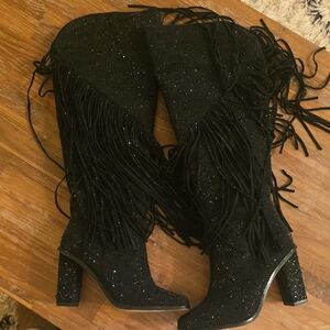 Jessica Simpson Black Over the Knee Fringe Boots